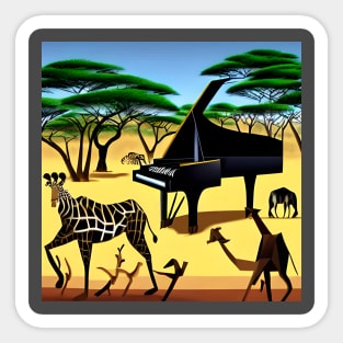 A Piano Inside An African Safari Park With Animals Dancing Around It. Sticker